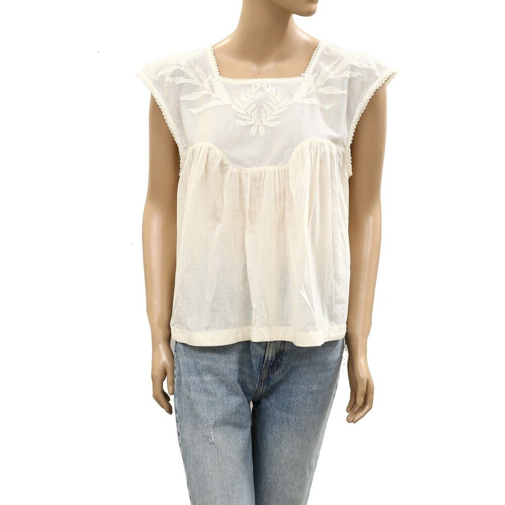 The Great The Dawn Embroidered Top Floral Lace Solid Cream Cotton XL 287501 - Picture 3 of 6